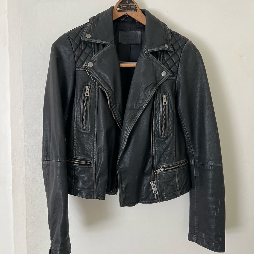 All Saints Black Leather Moto Jacket Size UK 4 US 2 used